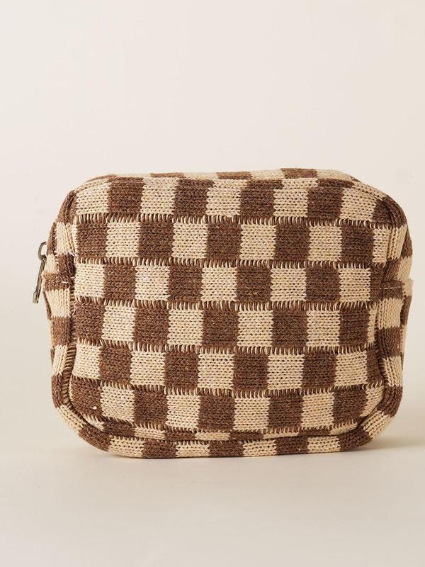 Women's Cute Checked Makeup Bag, Trendy Large Capacity Cosmetics Bag, Versatile Makeup Storage Bag for Outing & Holiday Use