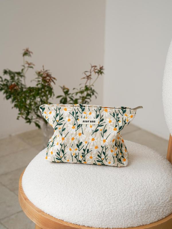Daisy Embroidery Makeup Bag, Portable Large Capacity Cosmetic Storage Bag, Zipper Makeup Organizer Pouch, Versatile Storage Bag for Travel, Office, Home