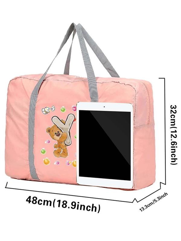 Cartoon Bear & Letter Pattern Travel Bag, Large Capacity Nylon Clothes Storage Bag, Portable Zipper Luggage Bag for Women & Men