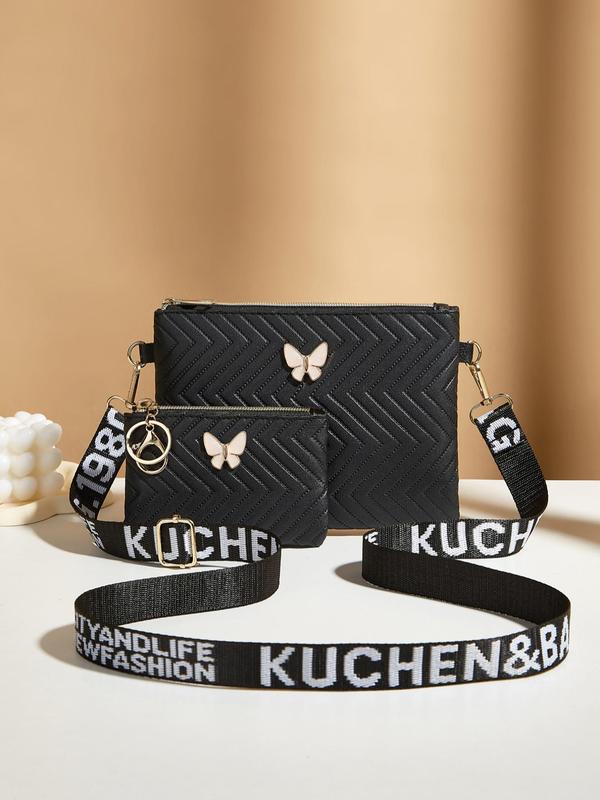 Women's Fashionable Butterfly Decor Zipper Crossbody Bag & Clutch Bag, Casual Versatile PU Leather Shoulder Bag & Card Holder, Trendy High-quality Daily Commuting Bag Set