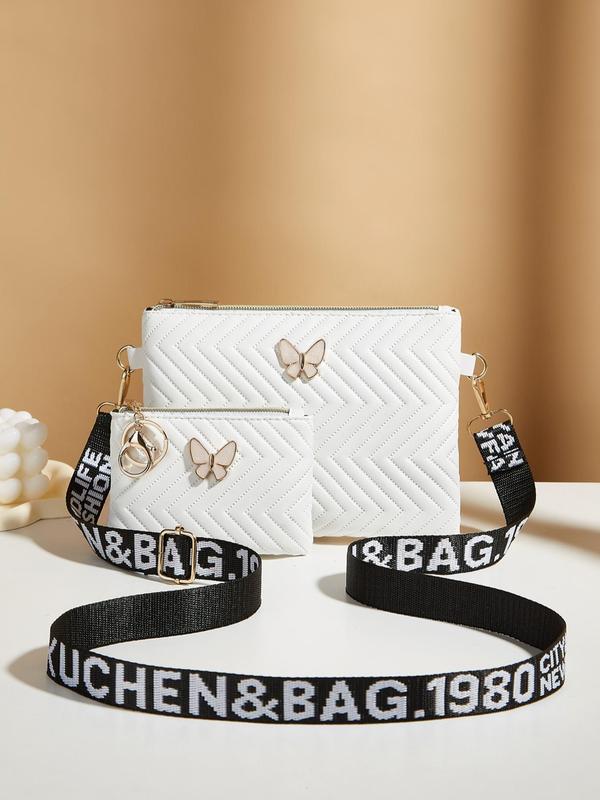 Women's Fashionable Butterfly Decor Zipper Crossbody Bag & Clutch Bag, Casual Versatile PU Leather Shoulder Bag & Card Holder, Trendy High-quality Daily Commuting Bag Set