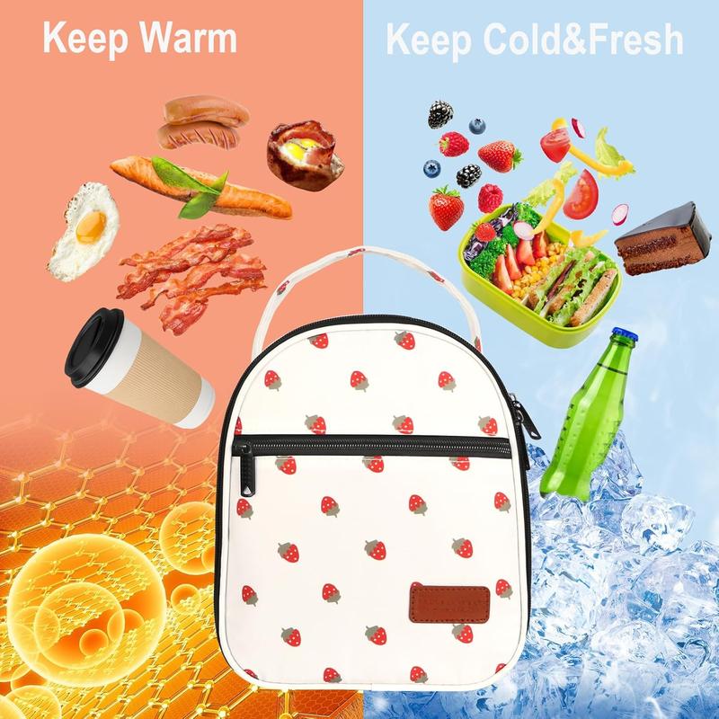 Lunch Box Insulated Lunch Bag Women Men Reusable Cooler Bag Adult Cute Lunch Tote Bags with Front Zipper Pocket, Adjustable Shoulder Strap for Work Office Picnic Travel, Beige-Strawberry