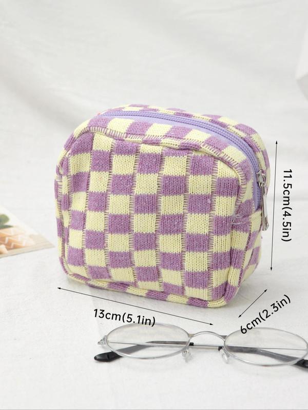 Women's Cute Checked Makeup Bag, Trendy Large Capacity Cosmetics Bag, Versatile Makeup Storage Bag for Outing & Holiday Use
