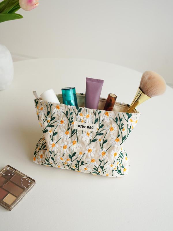 Daisy Embroidery Makeup Bag, Portable Large Capacity Cosmetic Storage Bag, Zipper Makeup Organizer Pouch, Versatile Storage Bag for Travel, Office, Home