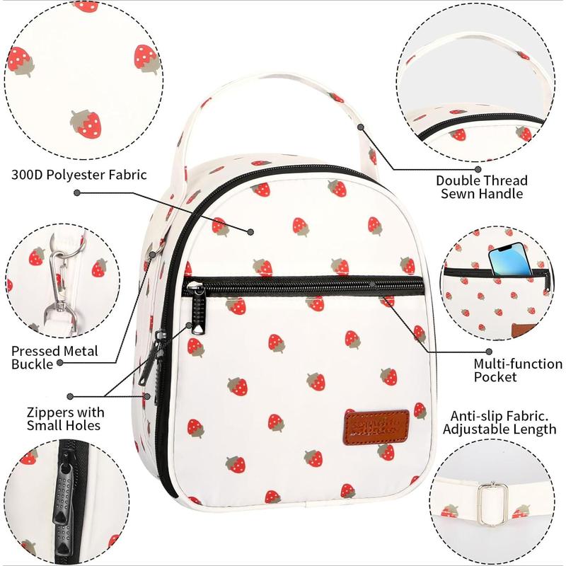 Lunch Box Insulated Lunch Bag Women Men Reusable Cooler Bag Adult Cute Lunch Tote Bags with Front Zipper Pocket, Adjustable Shoulder Strap for Work Office Picnic Travel, Beige-Strawberry