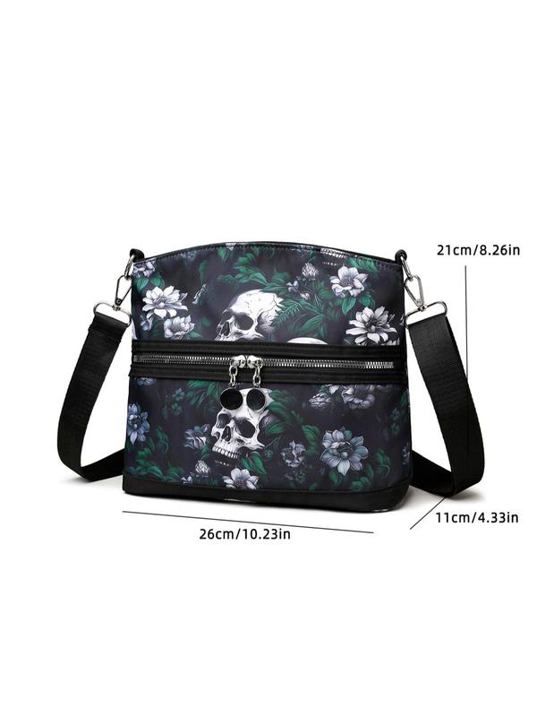 Fashionable Skull & Floral Pattern Zipper Crossbody Bag, Designer Crossbody Bags, Casual Versatile Shoulder Bag for Women, All-match Commuter Bag for Daily Used, Girl Fashionable Shopping Bag