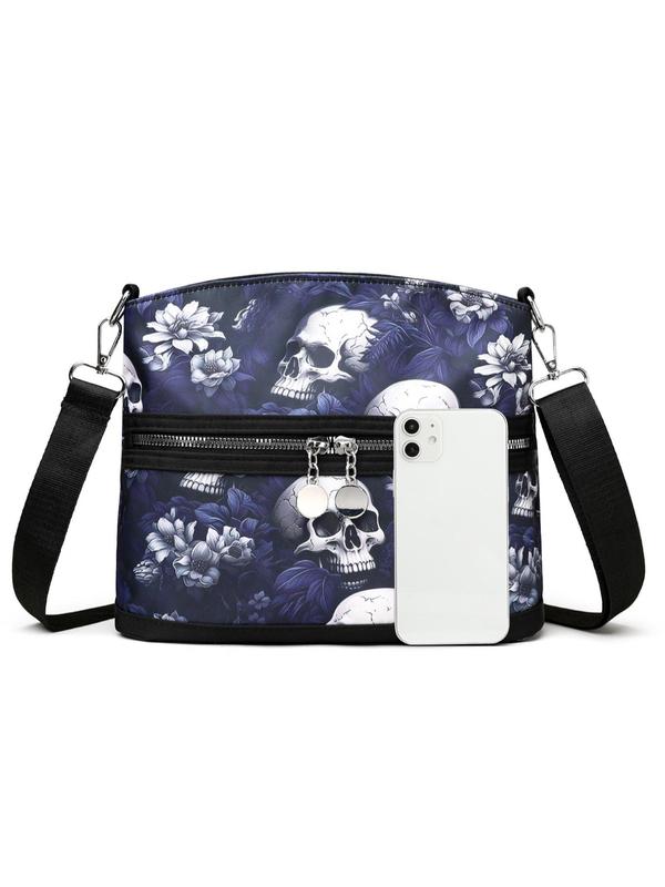 Fashionable Skull & Floral Pattern Zipper Crossbody Bag, Designer Crossbody Bags, Casual Versatile Shoulder Bag for Women, All-match Commuter Bag for Daily Used, Girl Fashionable Shopping Bag