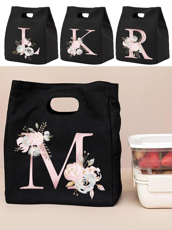 Floral & Letter Pattern Large Capacity Lunch Bag, Portable Insulated Lunch Bag, Food Container Bag for Work & School & Picnic & Camping