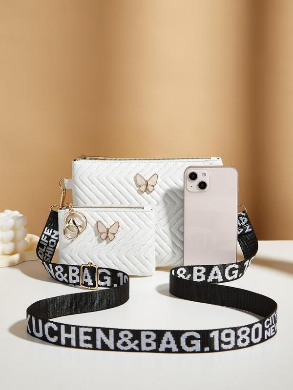 Women's Fashionable Butterfly Decor Zipper Crossbody Bag & Clutch Bag, Casual Versatile PU Leather Shoulder Bag & Card Holder, Trendy High-quality Daily Commuting Bag Set