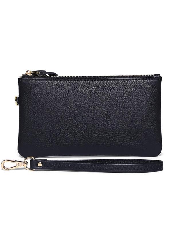 Genuine Leather Women's Solid Color Zipper Long Wallet, Casual Versatile Wristlet Clutch, Simple Design Multi-functional Wallet for Daily Used