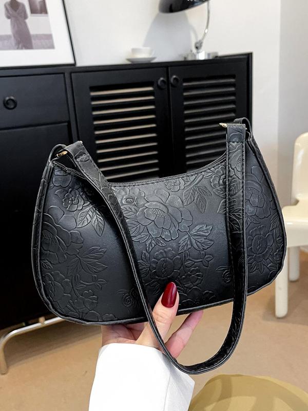 Women's Floral Embossed Shoulder Bag, Fashionable Large Capacity Underarm Bag for Daily Used, Casual Trendy Versatile High-quality Daily Commuting Bag