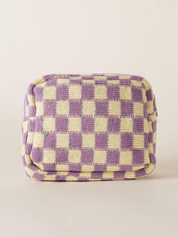 Women's Cute Checked Makeup Bag, Trendy Large Capacity Cosmetics Bag, Versatile Makeup Storage Bag for Outing & Holiday Use