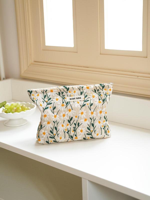 Daisy Embroidery Makeup Bag, Portable Large Capacity Cosmetic Storage Bag, Zipper Makeup Organizer Pouch, Versatile Storage Bag for Travel, Office, Home