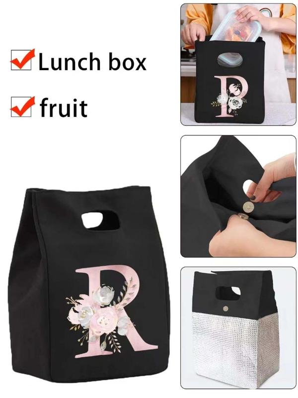 Floral & Letter Pattern Large Capacity Lunch Bag, Portable Insulated Lunch Bag, Food Container Bag for Work & School & Picnic & Camping