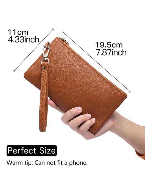 Genuine Leather Women's Solid Color Zipper Long Wallet, Casual Versatile Wristlet Clutch, Simple Design Multi-functional Wallet for Daily Used