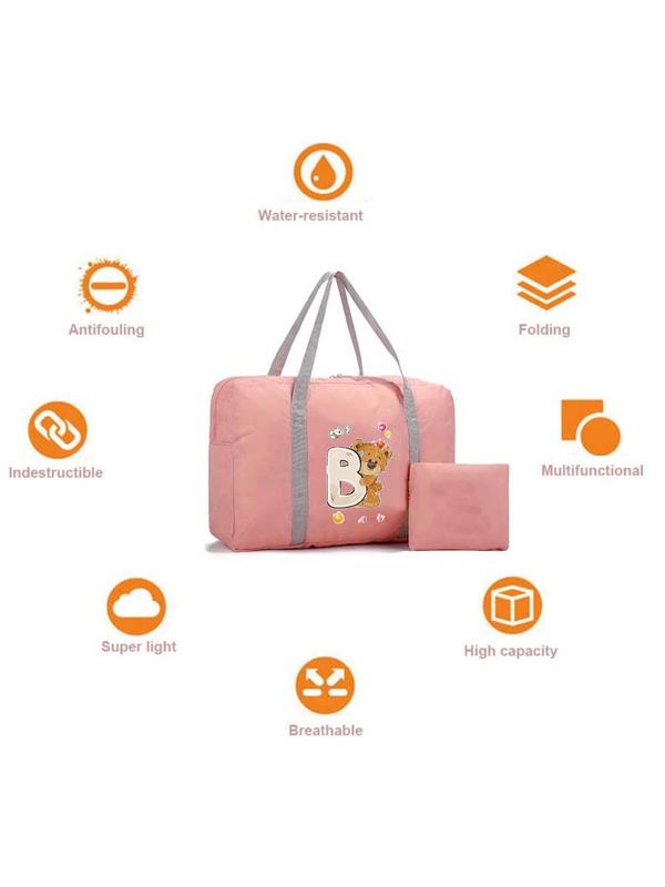 Cartoon Bear & Letter Pattern Travel Bag, Large Capacity Nylon Clothes Storage Bag, Portable Zipper Luggage Bag for Women & Men