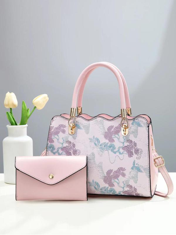 Fashion Floral Pattern Pu Leather Bag Set, Including Handbag & Wallet, Casual Trendy Versatile High-quality Daily Commuting Bag Set, Girl Fashionable Shopping Bag