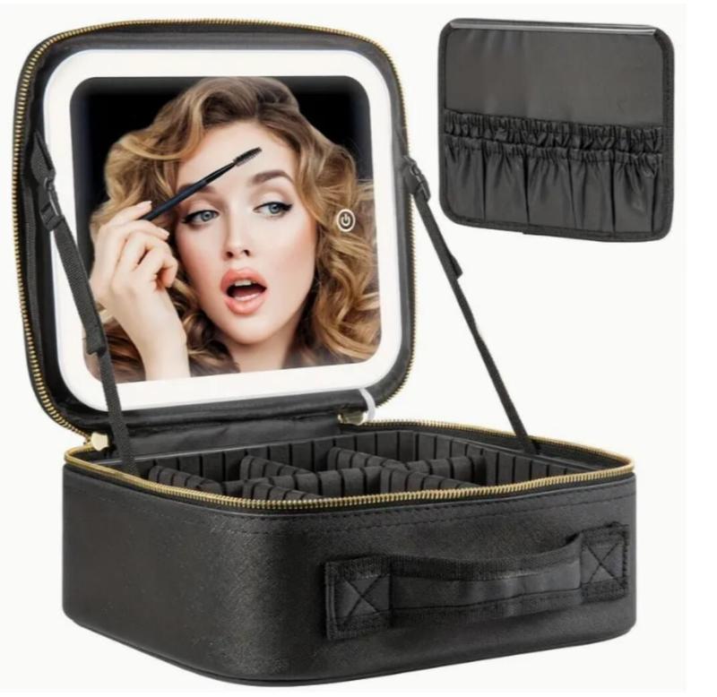 Travel LED Mirror Cosmetic Bag, Portable Cosmetic Storage Case, 3 Light Modes, Cosmetic Vanity Case with Divider, Mirror Removal