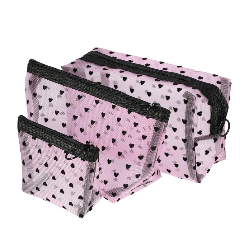 CHEIBEAR 3pcs Heart Shape Print Mesh Makeup Bag, Makeup Bag Clear, Mesh Bags with Zipper, Clear Makeup Pouch Mesh Bags, Make Up Bags for Women, Pink