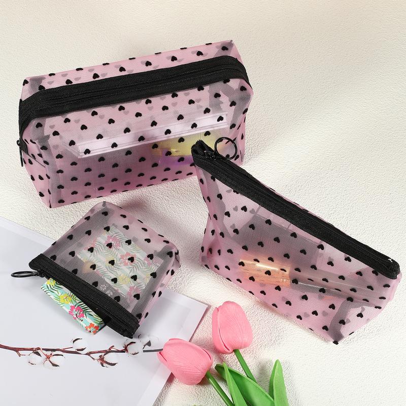 CHEIBEAR 3pcs Heart Shape Print Mesh Makeup Bag, Makeup Bag Clear, Mesh Bags with Zipper, Clear Makeup Pouch Mesh Bags, Make Up Bags for Women, Pink