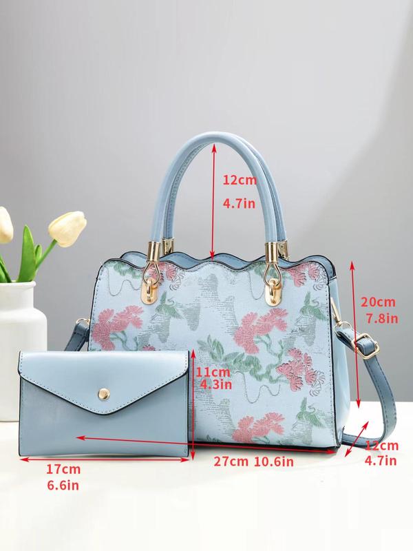 Fashion Floral Pattern Pu Leather Bag Set, Including Handbag & Wallet, Casual Trendy Versatile High-quality Daily Commuting Bag Set, Girl Fashionable Shopping Bag