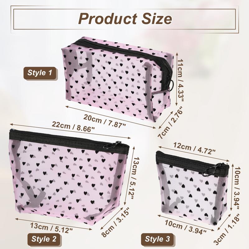 CHEIBEAR 3pcs Heart Shape Print Mesh Makeup Bag, Makeup Bag Clear, Mesh Bags with Zipper, Clear Makeup Pouch Mesh Bags, Make Up Bags for Women, Pink