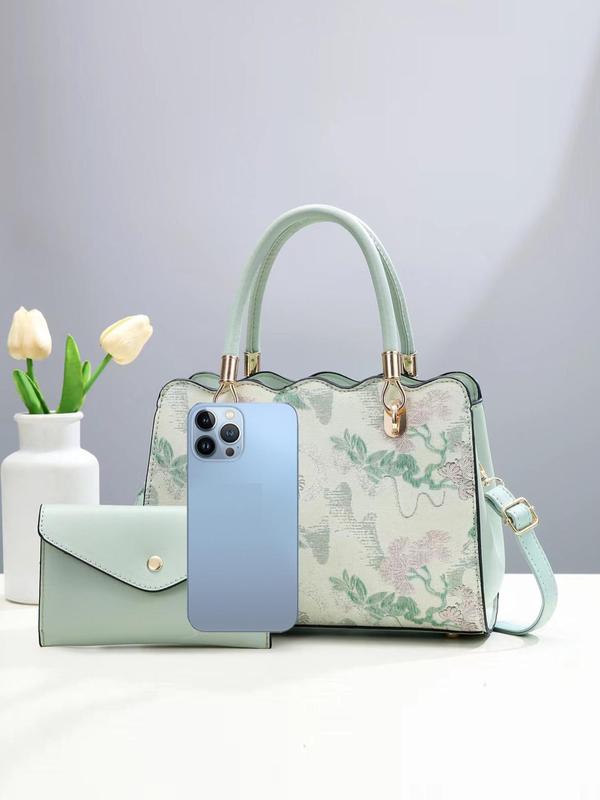 Fashion Floral Pattern Pu Leather Bag Set, Including Handbag & Wallet, Casual Trendy Versatile High-quality Daily Commuting Bag Set, Girl Fashionable Shopping Bag