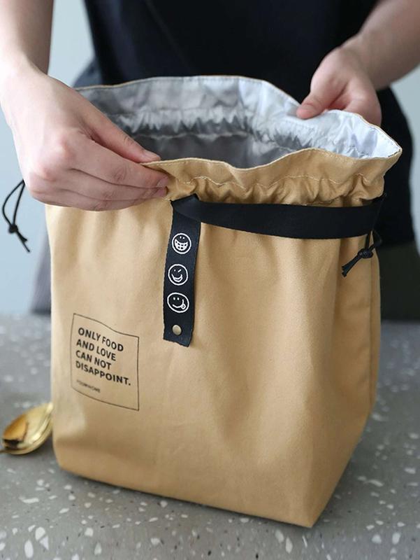 Simple Drawstring Insulated Lunch Bag - Linen & Canvas Industrial Style Picnic Bento Box-Drawstring Material Random