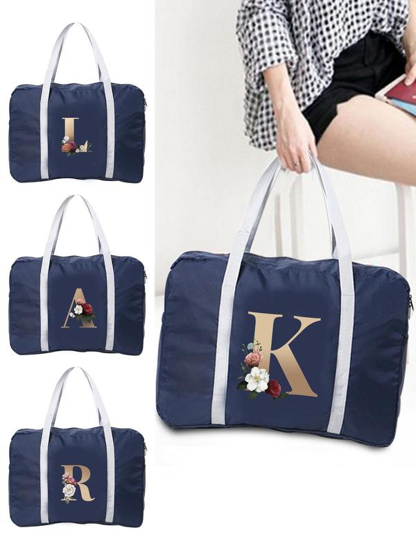 Letter & Floral Pattern Zipper Travel Bag, Large Capacity Lightweight Travel Bag, Durable Travel Bag for Weekend Trips Clothing Storage Gym