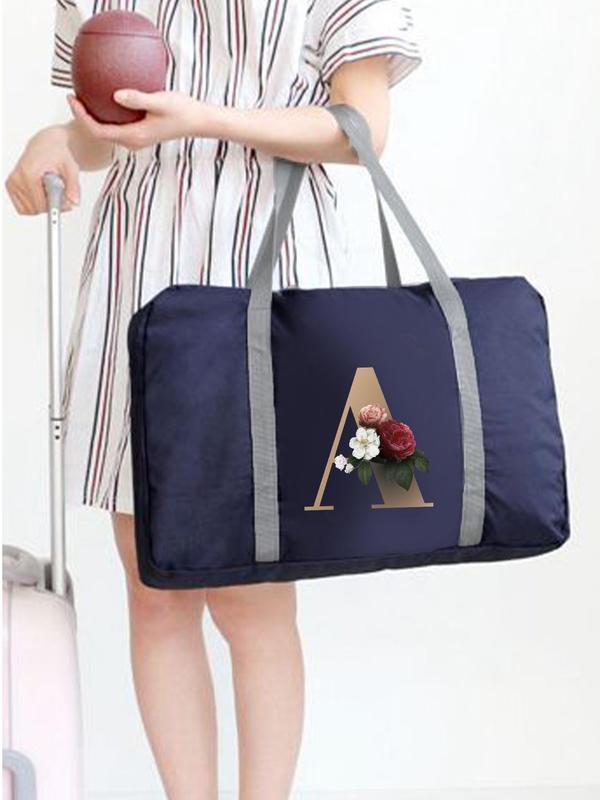 Letter & Floral Pattern Zipper Travel Bag, Large Capacity Lightweight Travel Bag, Durable Travel Bag for Weekend Trips Clothing Storage Gym