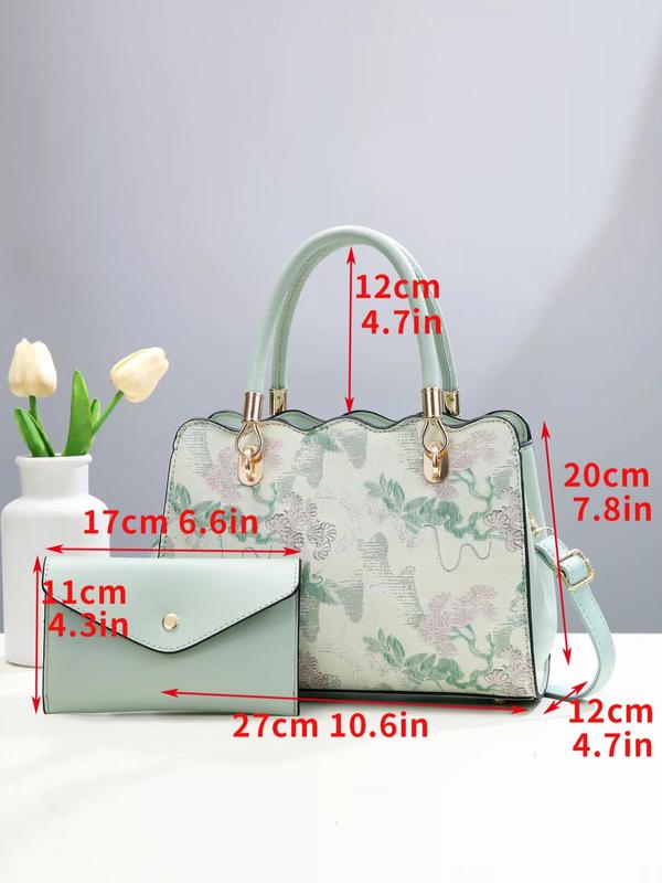 Fashion Floral Pattern Pu Leather Bag Set, Including Handbag & Wallet, Casual Trendy Versatile High-quality Daily Commuting Bag Set, Girl Fashionable Shopping Bag