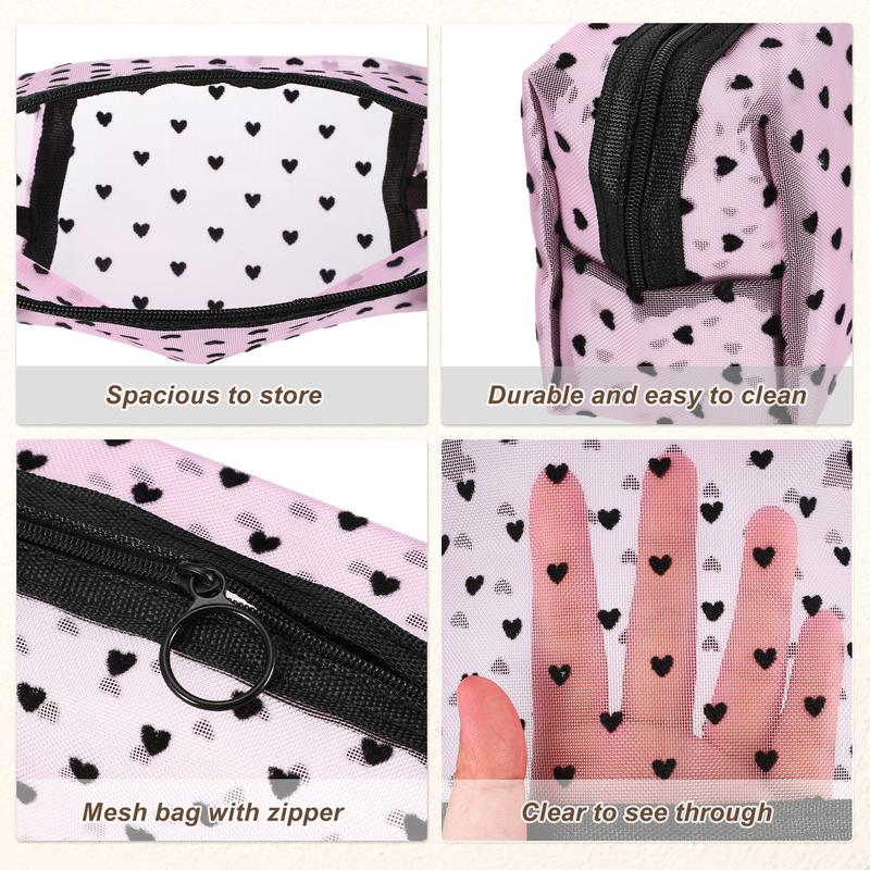 CHEIBEAR 3pcs Heart Shape Print Mesh Makeup Bag, Makeup Bag Clear, Mesh Bags with Zipper, Clear Makeup Pouch Mesh Bags, Make Up Bags for Women, Pink