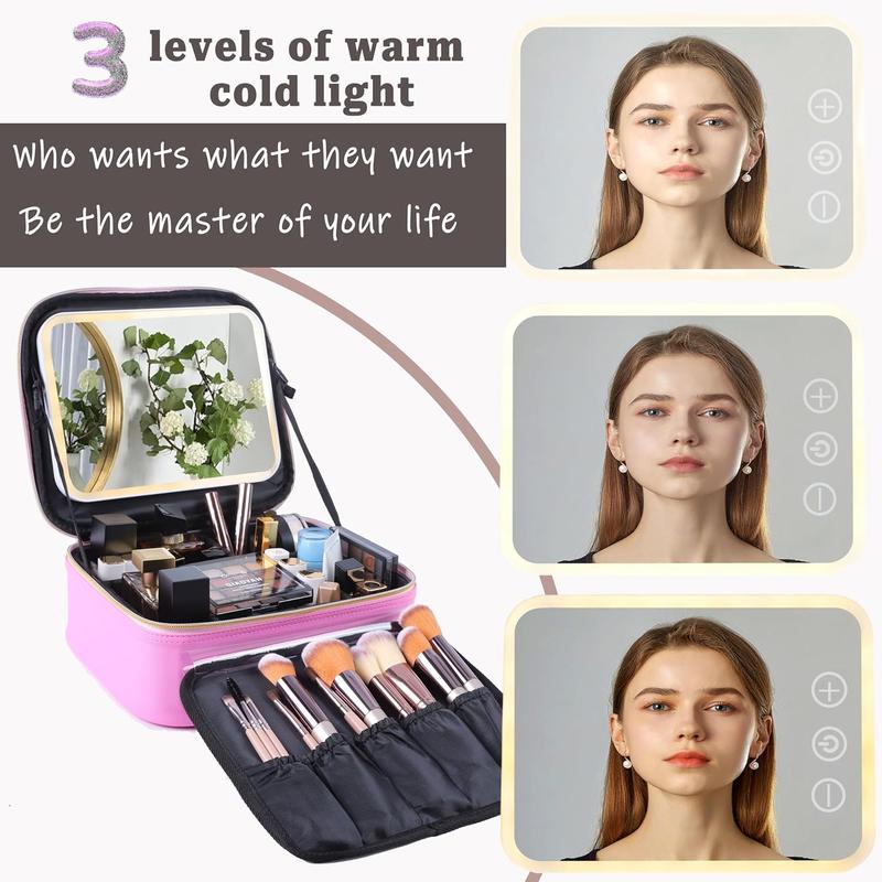 Travel makeup bag with Mirror, LED Light with 3 Adjustable Brightness Levels, Portable  Bag with Adjustable Partitions,  Makeup Brush Storage,  Organizer, Gift for Women.