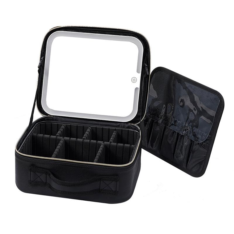 Travel LED Mirror Cosmetic Bag, Portable Cosmetic Storage Case, 3 Light Modes, Cosmetic Vanity Case with Divider, Mirror Removal