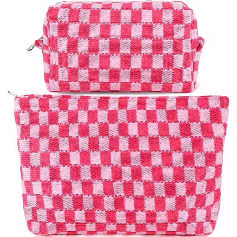 2Pcs Checkered Makeup Bag for Women Large Cosmetic Bag Set Travel Toiletry Bag Makeup Pouch Bag for Purse Pink Zipper Storage Bag Organizer Cute Small Aesthetic Girls Car Essentials Bag(Creative Home)