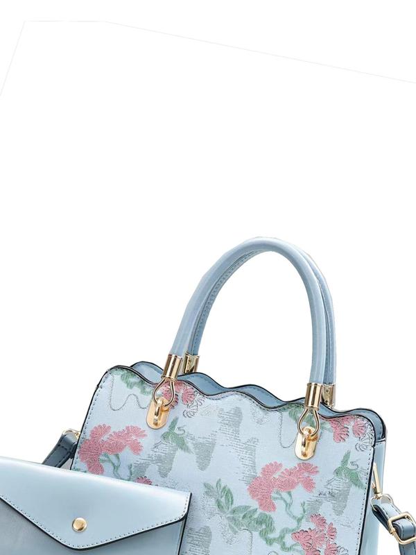 Fashion Floral Pattern Pu Leather Bag Set, Including Handbag & Wallet, Casual Trendy Versatile High-quality Daily Commuting Bag Set, Girl Fashionable Shopping Bag