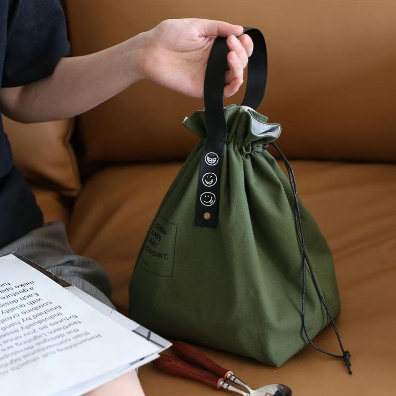 Simple Drawstring Insulated Lunch Bag - Linen & Canvas Industrial Style Picnic Bento Box-Drawstring Material Random