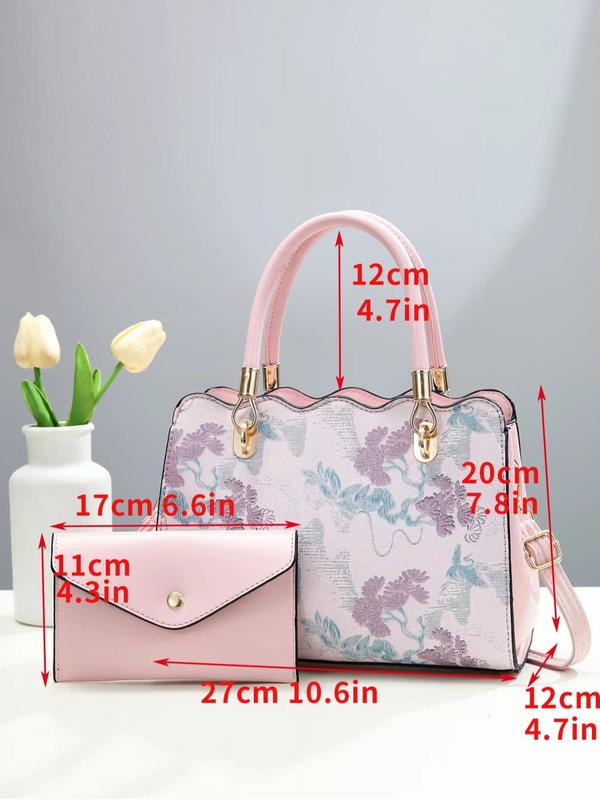 Fashion Floral Pattern Pu Leather Bag Set, Including Handbag & Wallet, Casual Trendy Versatile High-quality Daily Commuting Bag Set, Girl Fashionable Shopping Bag