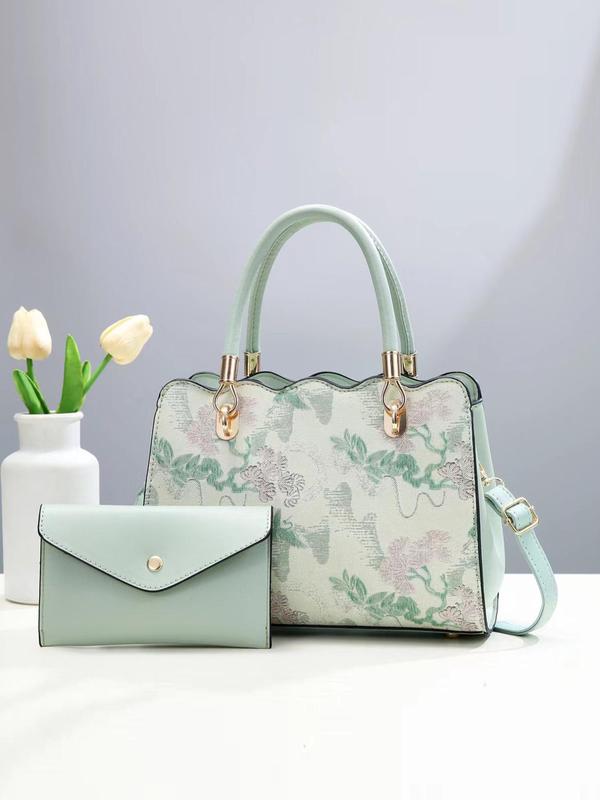 Fashion Floral Pattern Pu Leather Bag Set, Including Handbag & Wallet, Casual Trendy Versatile High-quality Daily Commuting Bag Set, Girl Fashionable Shopping Bag