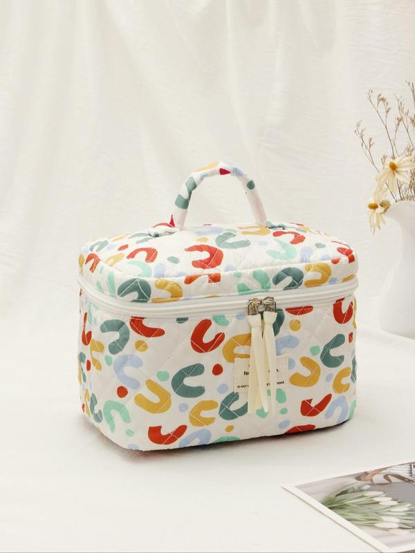 2024 Summer Random Print Makeup Bag, Large Capacity Travel Cosmetic Storage Bag, Portable Zipper Makeup Organizer Pouch for Women & Girls