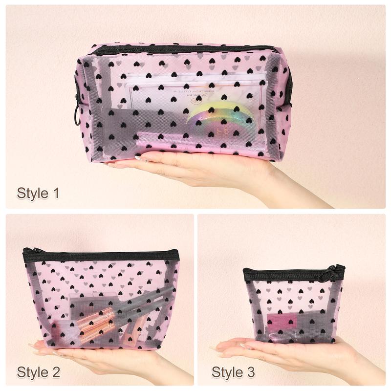 CHEIBEAR 3pcs Heart Shape Print Mesh Makeup Bag, Makeup Bag Clear, Mesh Bags with Zipper, Clear Makeup Pouch Mesh Bags, Make Up Bags for Women, Pink