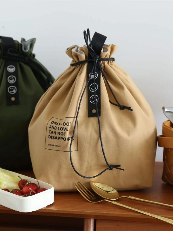 Simple Drawstring Insulated Lunch Bag - Linen & Canvas Industrial Style Picnic Bento Box-Drawstring Material Random