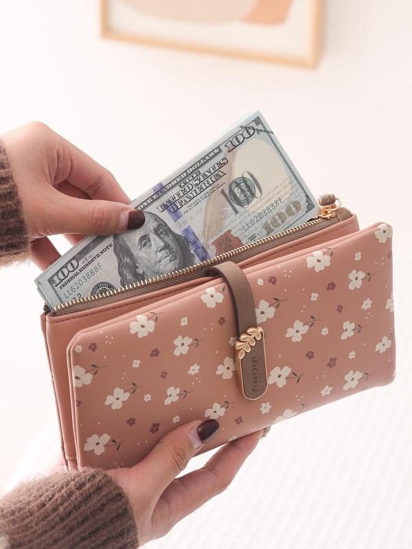 Women's Elegant Flower Print Long Wallet, Casual Trendy Zipper Large Capacity Wristlet Wallet, Versatile Fashionable Card Holder for Women & Girls