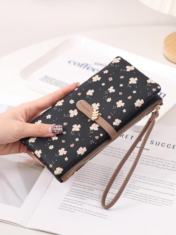 Women's Elegant Flower Print Long Wallet, Casual Trendy Zipper Large Capacity Wristlet Wallet, Versatile Fashionable Card Holder for Women & Girls