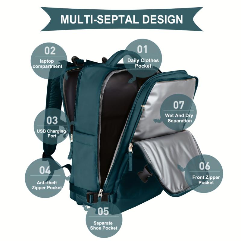 Flight Approved Multi Pocket Carry On Travel Backpack with Waterproof Laptop, Shoe Compartment, and Gym Bag Features