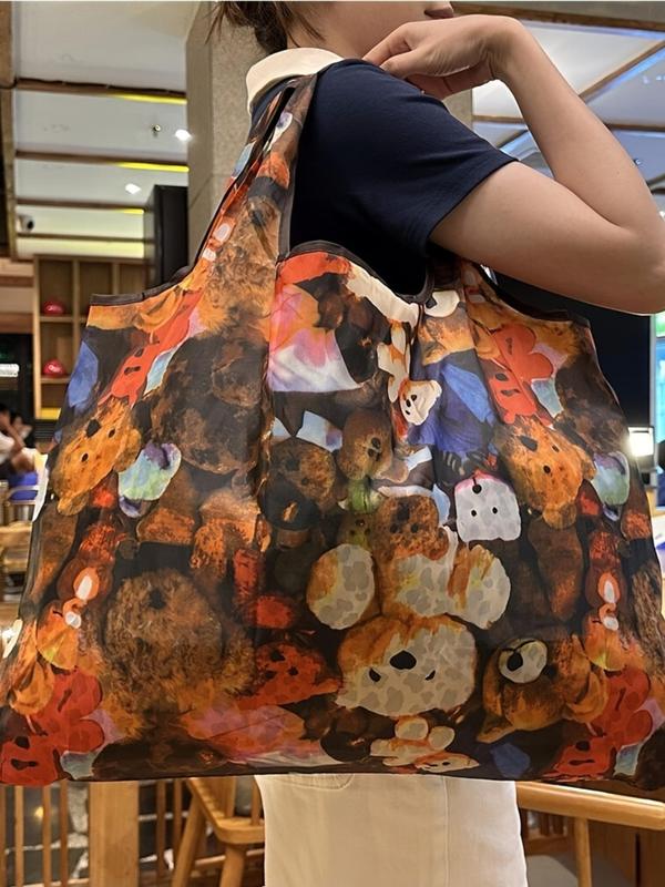 Women's Fashionable Casual Cartoon All over Print Tote Bag, Large Capacity Shoulder Bag for Daily Used, Foldable Outdoor Shopping Bag