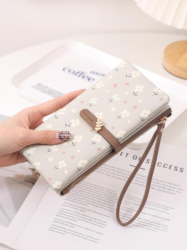 Women's Elegant Flower Print Long Wallet, Casual Trendy Zipper Large Capacity Wristlet Wallet, Versatile Fashionable Card Holder for Women & Girls