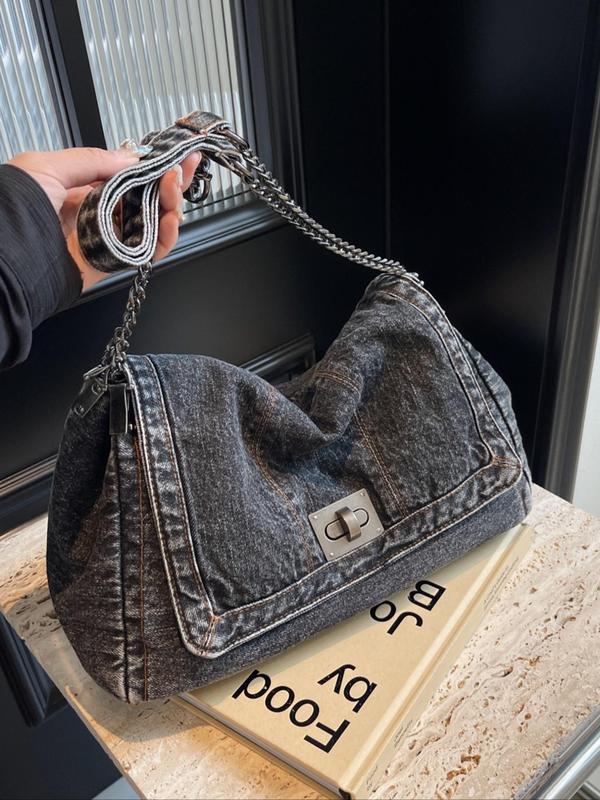 Women's Denim Shoulder Bag, Large Capacity Chain Strap Crossbody Bag for Daily Used, Casual Trendy Versatile High-quality Daily Commuting Bag