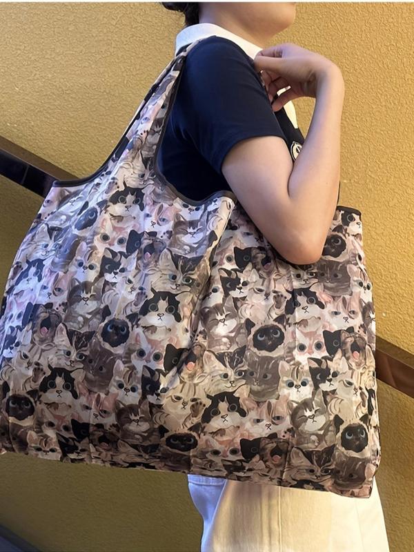 Women's Fashionable Casual Cartoon All over Print Tote Bag, Large Capacity Shoulder Bag for Daily Used, Foldable Outdoor Shopping Bag