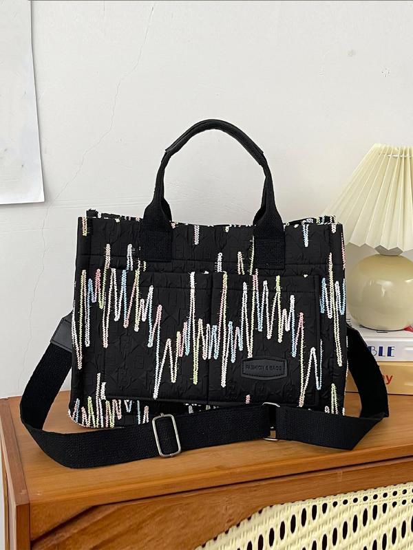 Fashion Letter Heart Rate Chart Embroidering Design Tote Bag, Casual Patched Design Shoulder Bag for Women, Portable Crossbody Bag for Daily Used